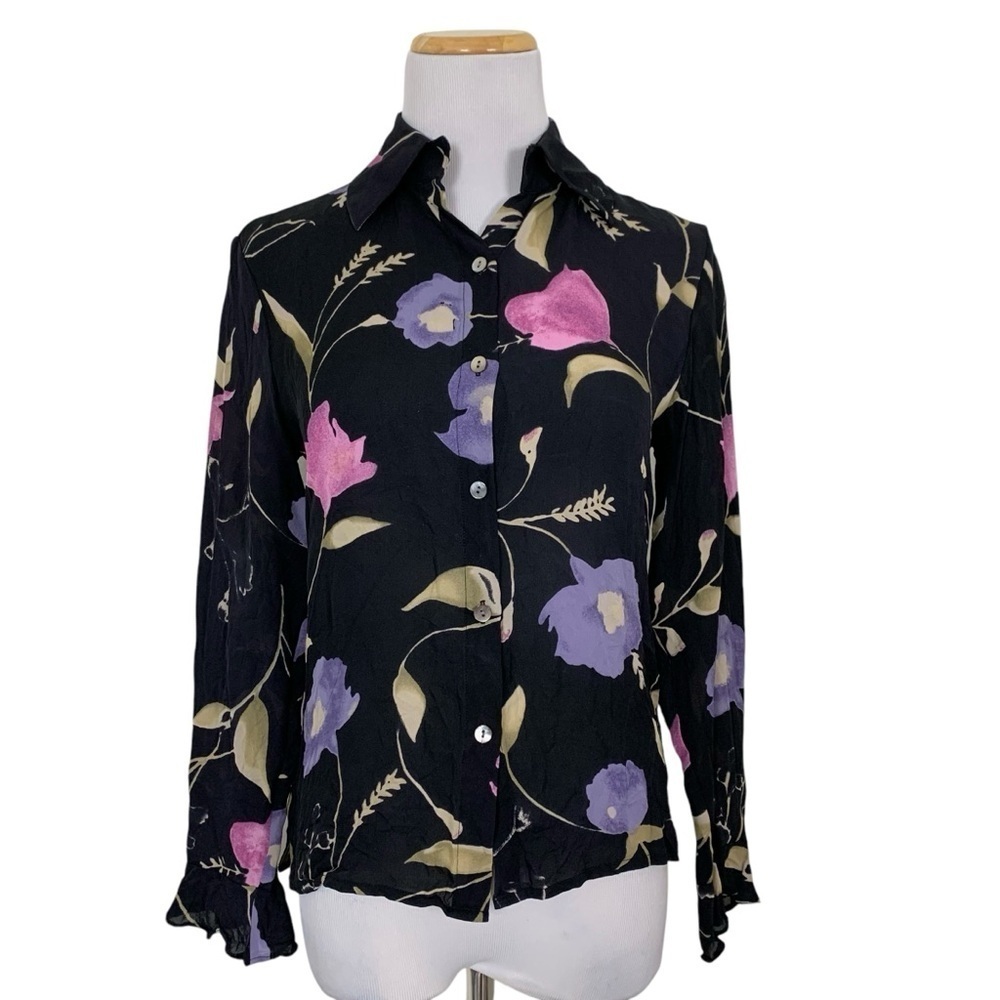 Vintage Y2K Caslon Floral 100% Silk Blouse Women’s XS Long Sleeve Office Siren